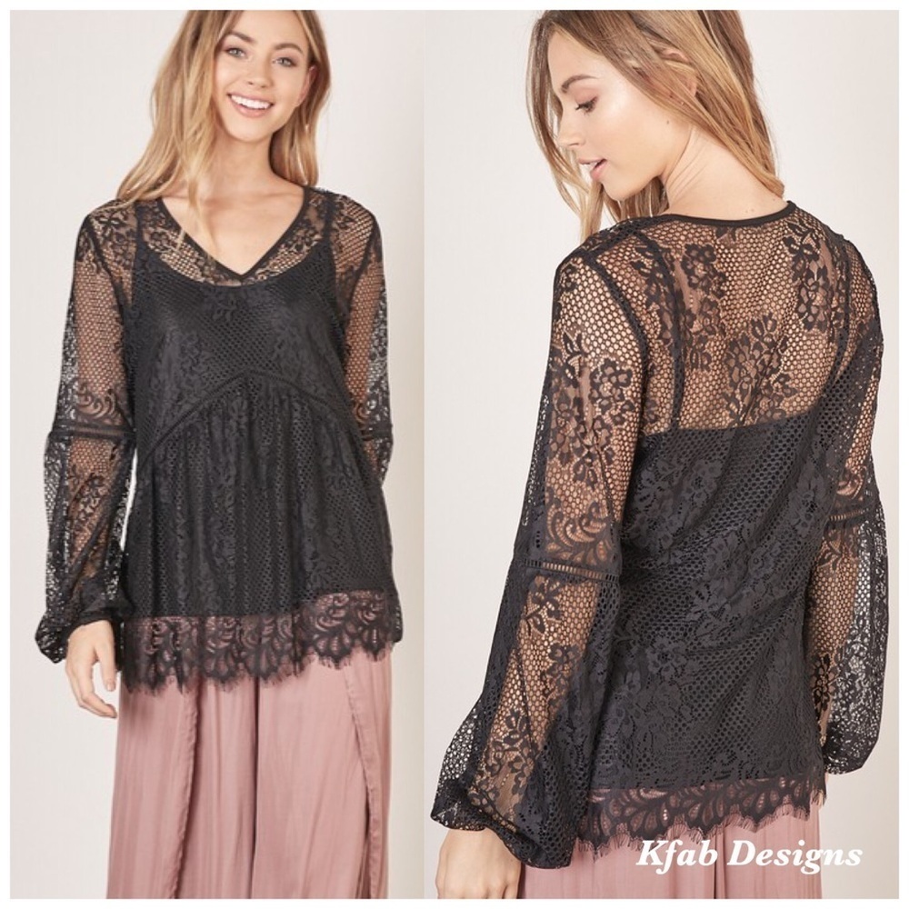 Mustard Seed Black Gorgeous Scalloped Lace Top with Tank! - Picture 3 of 6
